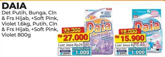 Promo Harga Daia Deterjen Bubuk Putih, Clean Fresh Hijab, + Softener Pink, + Softener Violet 850 gr - Alfamart