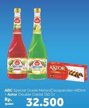 Promo Harga ABC Syrup Special Grade Melon/Cocopandan 485ml + ASTOR Double Chocolate 150gr  - Carrefour