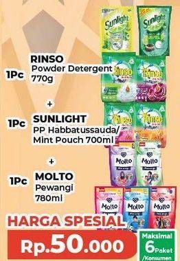Rinso Powder Detergent 770g, Sunlight Pencuci Piring Habbatussauda Mint 700ml, Molto Pewangi 780ml