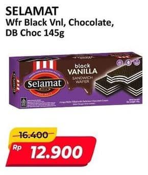 Promo Harga Selamat Wafer Black Vanilla, Chocolate, Double Chocolate 145 gr - Alfamart