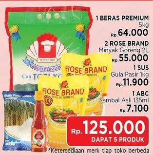 Promo Harga 1 Beras Premium 5 Kg/1 Rose Brand Minyak Goreng 2 Ltr/1 SUS Gula Pasir 1 Kg/1 ABC Sambal Asli 135 ml  - LotteMart