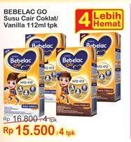 Promo Harga BEBELAC GO Susu Cair Coklat, Vanilla per 4 pcs 112 ml - Indomaret