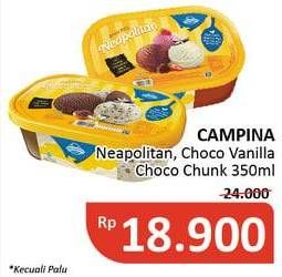 Promo Harga CAMPINA Ice Cream Neapolitan, Vanilla, Chocolate Chunks 350 ml - Alfamidi
