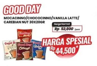 Promo Harga Good Day Instant Coffee 3 in 1 Mocacinno, Chococinno, Vanilla Latte, Carrebian Nut per 30 sachet 20 gr - Carrefour