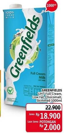Promo Harga GREENFIELDS UHT Choco Malt, Full Cream, Skimmed Milk 1000 ml - Alfamidi