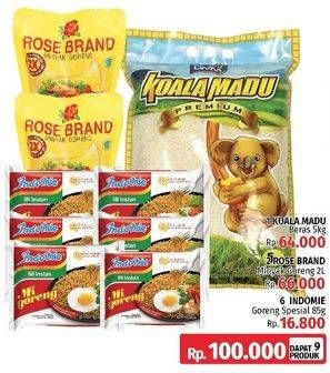 Promo Harga KOALA MADU Beras 5Kg + ROSE BRAND Minyak Goreng 2Ltr + INDOMIE Mie Goreng Special 85gr  - LotteMart