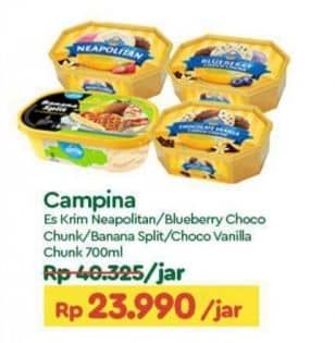 Promo Harga Campina Ice Cream Neapolitan, Blueberry Choco Chunk, Banana Split, Chocolate Vanilla Choco Chunk 700 ml - TIP TOP