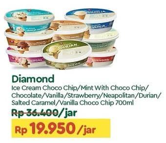 Promo Harga Diamond Ice Cream Vanilla With Chocolate Chip, Mint With Chocolate Chip, Cokelat, Vanila, Stroberi, Neapolitan, Durian, Salted Caramel, Chocolate With Chocolate Chip 700 ml - TIP TOP