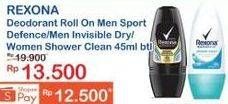 Promo Harga REXONA Deo Roll On Men Sport Defence, Men Invisible Dry, Women Shower Clean 45 mL  - Indomaret