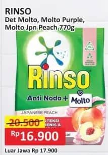 Promo Harga Rinso Anti Noda Deterjen Bubuk + Molto Classic Fresh, + Molto Purple Perfume Essence, + Molto Japanese Peach 770 gr - Alfamart