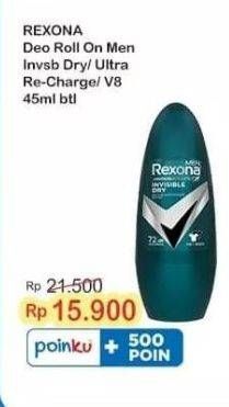 Promo Harga Rexona Men Deo Roll On Invisible Dry, Ultra Recharge, V8 45 ml - Indomaret