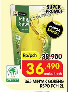 Promo Harga 365 Minyak Goreng Sawit RSPO 2000 ml - Superindo