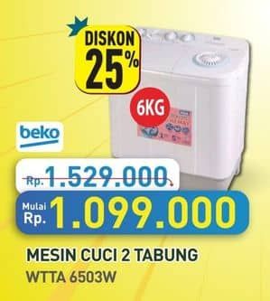 Beko WTTA6503W Mesin Cuci Semi-Otomatis  Diskon 28%, Harga Promo Rp1.099.000, Harga Normal Rp1.529.000, Harga Mulai