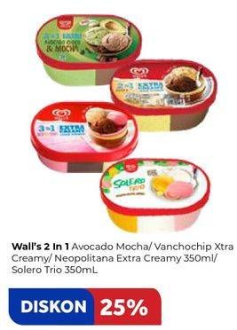 Promo Harga WALLS Ice Cream Avocado Choco Mocha, Chocolate Vanilla With Chocolate Chip, Neopolitana, Solero Trio 350 ml - Carrefour