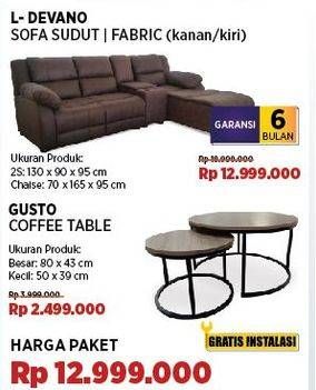 Promo Harga L-Devano Sofa Sudut | Fabric (Kanan/Kiri) + Courts Gusto Coffee Table   - COURTS