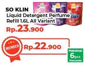 Promo Harga SO KLIN Liquid Detergent + Anti Bacterial Red Perfume Collection, + Anti Bacterial Violet Blossom, + Softergent Pink 1600 ml - Yogya