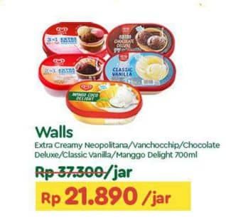 Promo Harga Walls Ice Cream Neopolitana, Chocolate Vanilla With Chocolate Chip, Chocolate Deluxe, Classic Vanilla, Mango Coco Delight 700 ml - TIP TOP