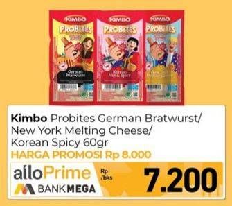 Promo Harga Kimbo Probites Original German Bratwurst, New York Melting Cheese, Korean Hot Spicy 60 gr - Carrefour