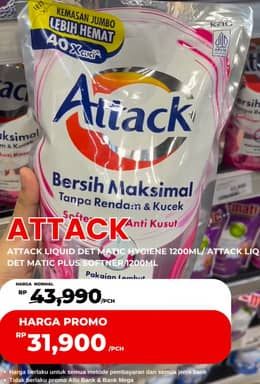 Promo Harga Attack Detergent Liquid Hygiene Plus Protection, Plus Softener 1200 ml - Carrefour
