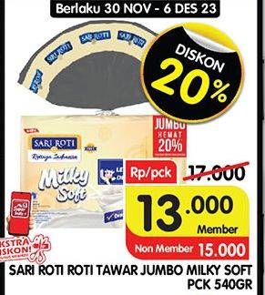 Promo Harga Sari Roti Roti Tawar Milky Soft 540 gr - Superindo