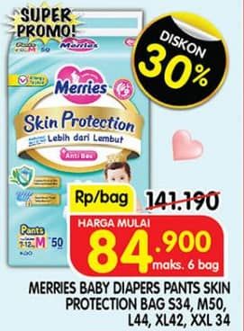 Promo Harga Merries Pants Skin Protection S34, M50, L44, XL42, XXL34 34 pcs - Superindo