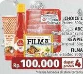 CHOICE L Sukiyaki Frozen 300g, ABC Sambal Asli 135ml, KEWPIE Mayonaise Original 150g, FILMA Margarine Salted 200g