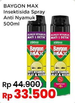 Baygon Max Obat Nyamuk Aerosol  500 ml Diskon 25%, Harga Promo Rp33.500, Harga Normal Rp44.900, Extra Potongan Rp2.000 Dengan Kredivo min Transaksi Rp50.000,Cashback Rp2.000 dengan GOPAY min transaksi Rp15.000