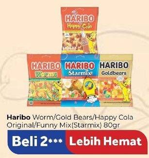Promo Harga Haribo Candy Gummy Worms Zourr, Fun Mix, Gold Bears, Happy Cola 80 gr - Carrefour