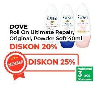 Promo Harga Dove Deo Roll On Ultimate Repair, Original Nourish Smooth, Powder Soft 40 ml - Yogya