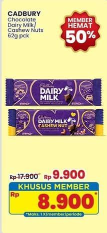 Promo Harga Cadbury Dairy Milk Original, Cashew Nut 62 gr - Indomaret