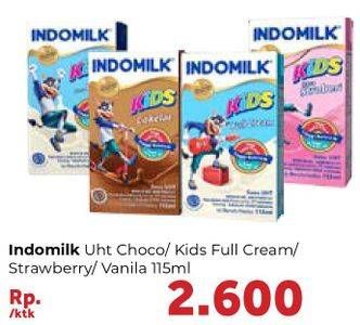 Promo Harga INDOMILK Susu UHT Kids Cokelat, Full Cream, Stroberi, Vanila 115 ml - Carrefour