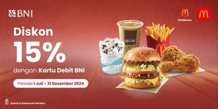 Promo McD Diskon 15% Maksimal Rp50 Ribu Dengan Kartu Debit BNI
Syarat dan Ketentuan:

Priode Promo: 1 Juli s/d 31 Desember 2024
Diskon 15% dengan minimum transaksi Rp 150 ribu (termasuk biaya antar, take away dan pajak)
Promo berlaku maksimal diskon Rp 50 ribu/kartu/transaksi
Promo berlaku maksimal 5x transaksi/kartu/bulan
Promo tidak dapat digabungkan dengan promo bank lainnya
Promo berlaku setiap hari selama periode program termasuk hari Libur Nasional
Promo berlaku khusus pembelian di website dan mobile Apps McDelivery