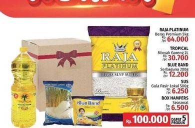 RAJA PLATINUM Beras Premium 5kg + TROPICAL Minyak Goreng 2L + BLUE BAND Serbaguna 200gr + SUS Gula Pasir Lokal 500gr + BOX HAMPERS Seasonal