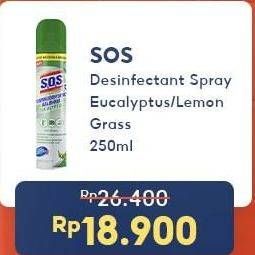 Promo Harga SOS Disinfektan Spray All In One Lemongrass, Eucalyptus 250 ml - Indomaret