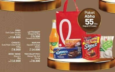 Promo Harga Lotte Mart Shopping Bag + Oreo Soft Cake Vanilla + Choice L Gula Pasir + Marjan Squash + Beng Beng Share It + Teh Celup Poci  - LotteMart