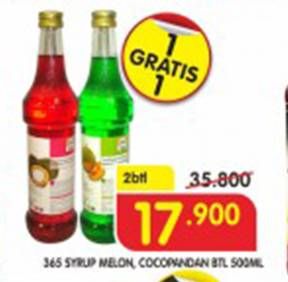 Promo Harga 365 Syrup Melon, Cocopandan per 2 botol 500 ml - Superindo