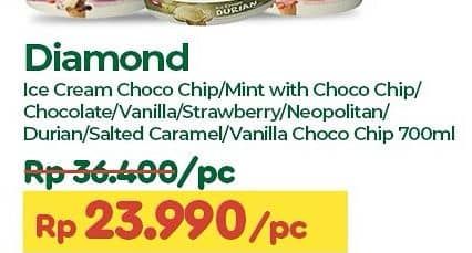 Promo Harga Diamond Ice Cream Chocolate With Chocolate Chip, Mint With Chocolate Chip, Vanila, Stroberi, Neapolitan, Durian, Salted Caramel, Vanilla With Chocolate Chip 700 ml - TIP TOP