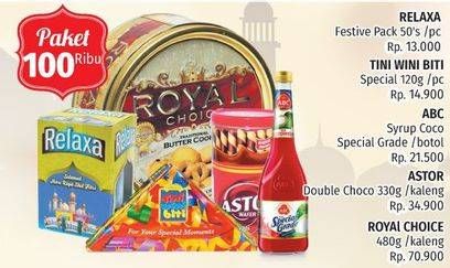 Promo Harga Paket 100rb ( Relaxa + Tini Wini Biti + Abc Syrup Special Grade + Astor double choco + Royal Choice)  - LotteMart
