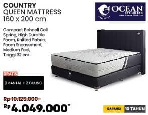 Ocean Country Queen Mattress  Diskon 60%, Harga Promo Rp4.049.000, Harga Normal Rp10.125.000, 160x200cm. Compact Bohnell Coil Spring, High Durable Foam, Knitted Fabric, Foam Encasement, Medium Feel, Tinggi 32 cm