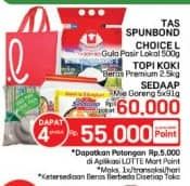 Promo Harga Tas Spunbond + Choice L Gula Pasir + Topi Koki Beras Premium + Sedaap Mie Goreng  - LotteMart