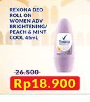 Promo Harga Rexona Deo Roll On Advanced Brightening, Hijab Natural Peach Mint Cool 45 ml - Indomaret