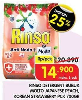 Promo Harga Rinso Anti Noda Deterjen Bubuk + Molto Japanese Peach, + Molto Korean Strawberry 700 gr - Superindo