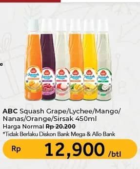 Promo Harga ABC Syrup Squash Delight Anggur, Leci, Mangga, Nanas, Jeruk Florida, Sirsak 460 ml - Carrefour