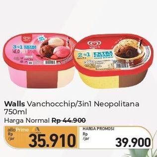 Promo Harga Walls Ice Cream Chocolate Vanilla With Chocolate Chip, Neopolitana 700 ml - Carrefour