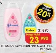 Promo Harga Johnsons Baby Lotion Reguler Pink, Milk + Rice 200 ml - Superindo