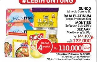 Promo Harga Sunco Minyak Goreng + Raja Platinum Beras + Sedaap Mie Goreng + Montiss Facial Tissue  - LotteMart