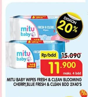 Promo Harga Mitu Baby Wipes Fresh & Clean Pink Blooming Cherry, Blue Blossom Berry per 2 pouch 40 pcs - Superindo
