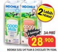 Promo Harga Indomilk Susu UHT Full Cream Plain, Cokelat 950 ml - Superindo
