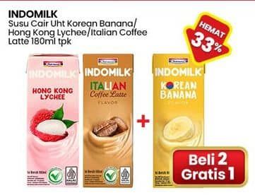 Promo Harga Indomilk Korean Series Seoul Banana, Hong Kong Lychee, Italian Coffee Latte 180 ml - Indomaret