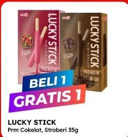 Promo Harga Meiji Biskuit Lucky Stick Premium Chocolate, Strawberry 35 gr - Alfamart